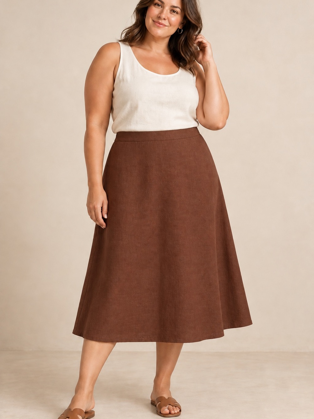 Rachel Zoe Linen Blend Midi Skirt XL Rust Brown Elastic Waist Lined